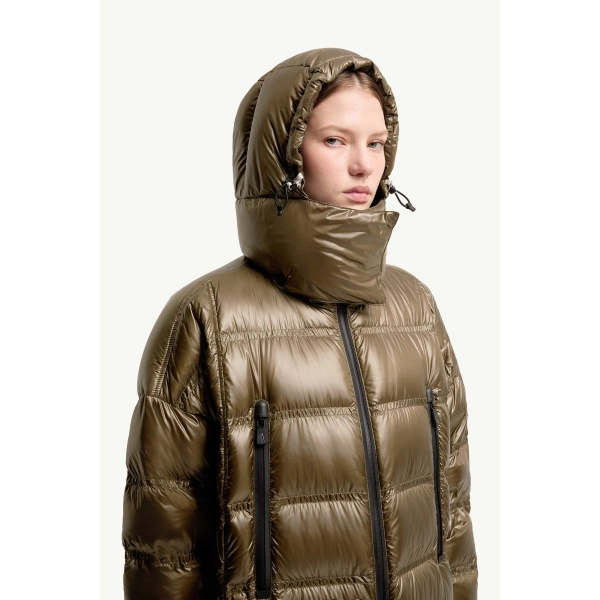Moncler Rochelairs Hooded Long Down Jacket in Olive Green, view 6 | Women's Puffer and Down Coats | Coveti