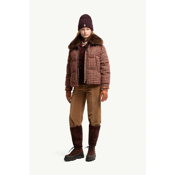 Moncler Sandane Tweed Short Down Jacket in Brown, view 2 | Women's Tweed Jackets | Coveti