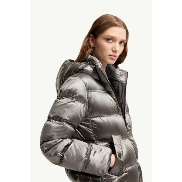 Moncler Sensation Short Down Jacket in Silver, view 6 | Women's Puffer Jackets | Coveti