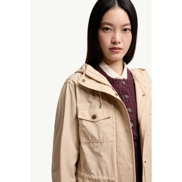 Moncler Serin Hooded Cotton Blend Parka in Light Beige, view 6 | Women's Jackets | Coveti