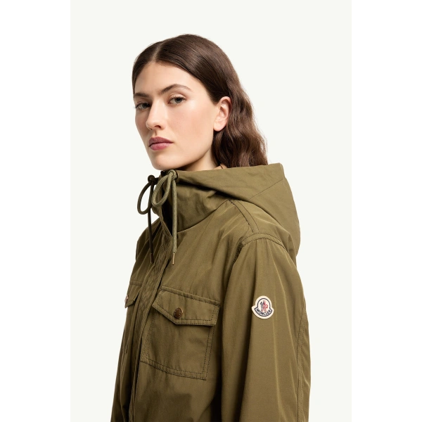 Moncler Serin Hooded Cotton Blend Parka in Olive Green, view 3 | Women's Jackets | Coveti