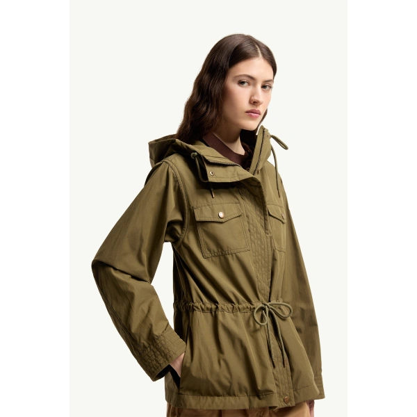 Moncler Serin Hooded Cotton Blend Parka in Olive Green, view 6 | Women's Jackets | Coveti