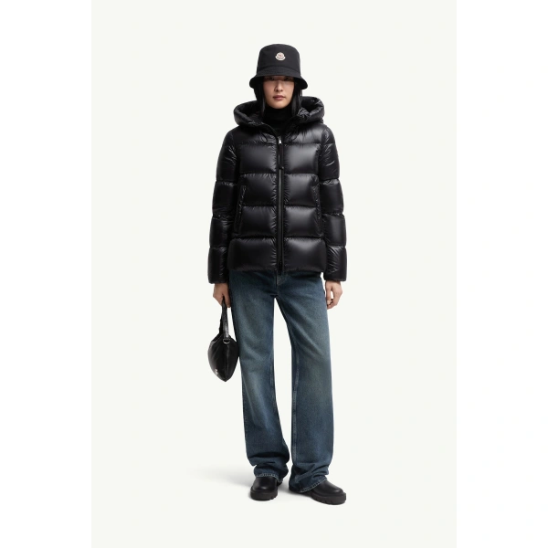 Moncler Serittes Hooded Short Down Jacket in Black, view 2 | Women's Puffer Jackets | Coveti