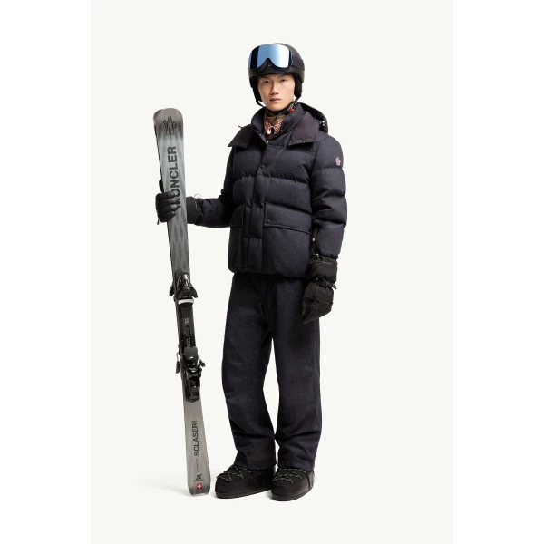 Moncler Servance Wool Denim Hooded Down Ski Jacket in Dark Blue, view 2 | Men's Skiwear | Coveti