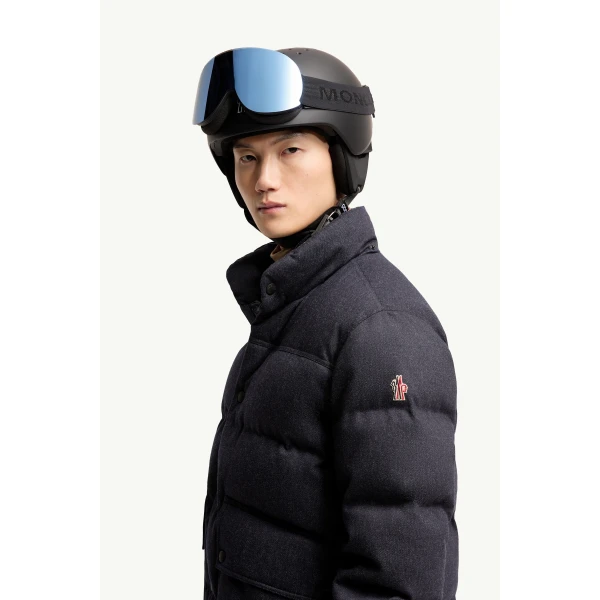 Moncler Servance Wool Denim Hooded Down Ski Jacket in Dark Blue, view 3 | Men's Skiwear | Coveti