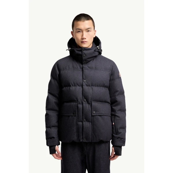 Moncler Servance Wool Denim Hooded Down Ski Jacket in Dark Blue, view 4 | Men's Skiwear | Coveti