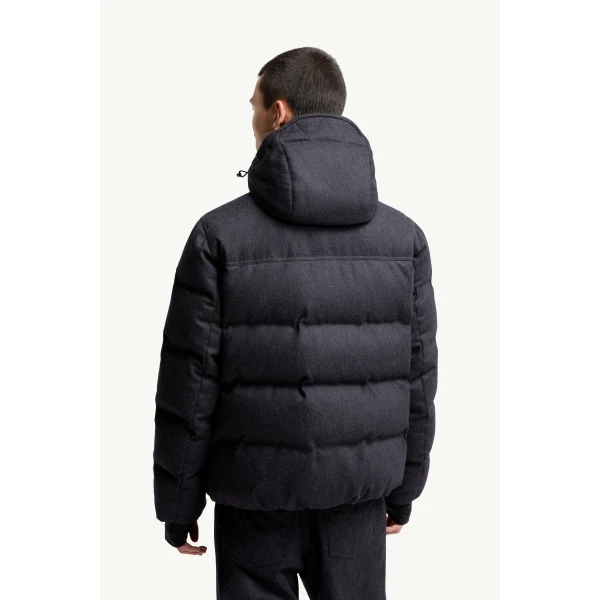 Moncler Servance Wool Denim Hooded Down Ski Jacket in Dark Blue, view 5 | Men's Skiwear | Coveti