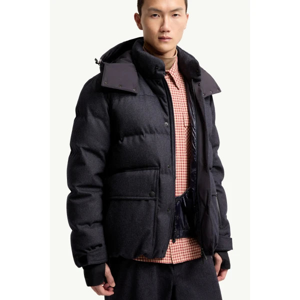Moncler Servance Wool Denim Hooded Down Ski Jacket in Dark Blue, view 6 | Men's Skiwear | Coveti