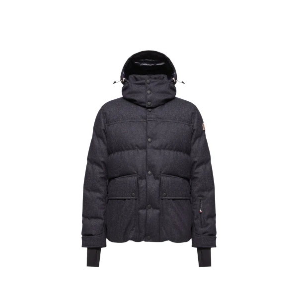 Servance Wool Denim Hooded Down Ski Jacket in Dark Blue