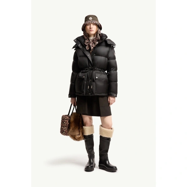 Moncler Sesie Hooded Short Down Jacket in Black, view 2 | Women's Puffer Jackets | Coveti