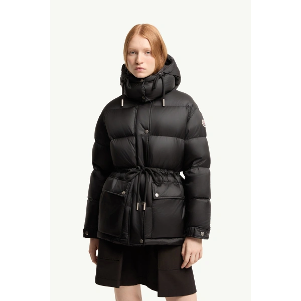 Moncler Sesie Hooded Short Down Jacket in Black, view 4 | Women's Puffer Jackets | Coveti