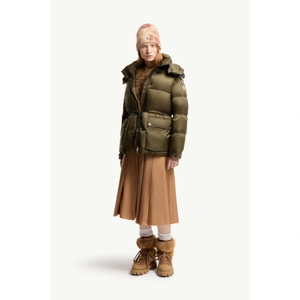 Moncler Sesie Hooded Short Down Jacket in Olive Green, view 2 | Women's Puffer Jackets | Coveti