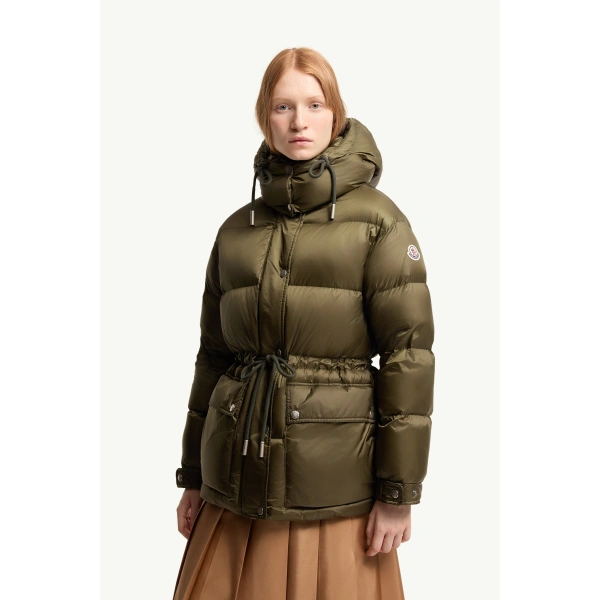 Moncler Sesie Hooded Short Down Jacket in Olive Green, view 4 | Women's Puffer Jackets | Coveti