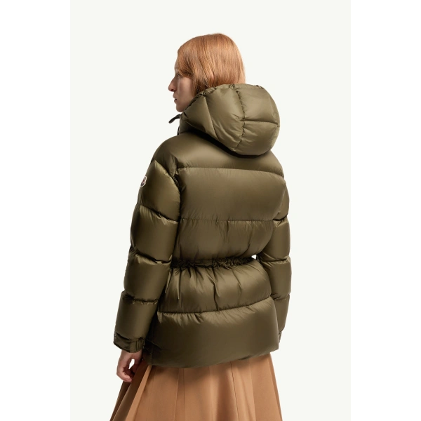 Moncler Sesie Hooded Short Down Jacket in Olive Green, view 5 | Women's Puffer Jackets | Coveti