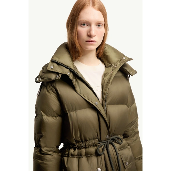Moncler Sesie Hooded Short Down Jacket in Olive Green, view 6 | Women's Puffer Jackets | Coveti