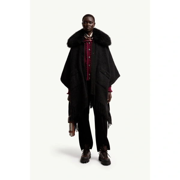 Moncler Shearling Collar Mohair, Alpaca & Wool Blend Cape in Black, view 2 | Women's Cape Coats | Coveti