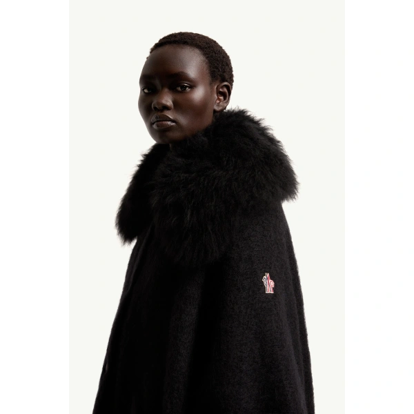 Moncler Shearling Collar Mohair, Alpaca & Wool Blend Cape in Black, view 3 | Women's Cape Coats | Coveti