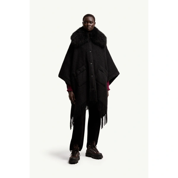 Moncler Shearling Collar Mohair, Alpaca & Wool Blend Cape in Black, view 4 | Women's Cape Coats | Coveti