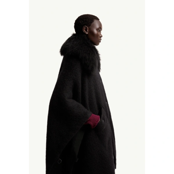 Moncler Shearling Collar Mohair, Alpaca & Wool Blend Cape in Black, view 6 | Women's Cape Coats | Coveti