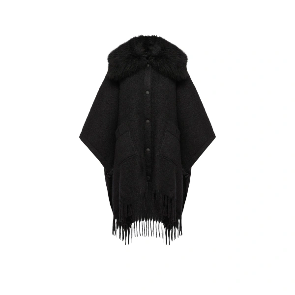 Shearling Collar Mohair, Alpaca & Wool Blend Cape in Black