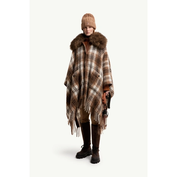 Moncler Shearling Collar Mohair, Alpaca & Wool Blend Cape in Brown & White, view 2 | Women's Cape Coats | Coveti