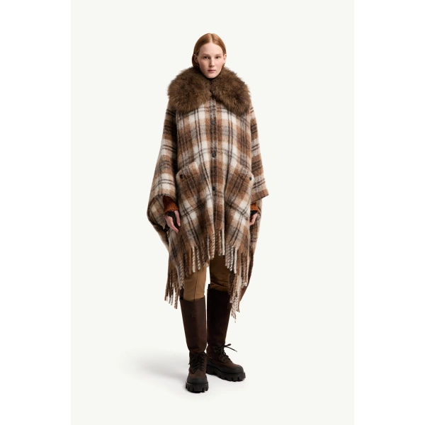 Moncler Shearling Collar Mohair, Alpaca & Wool Blend Cape in Brown & White, view 4 | Women's Cape Coats | Coveti