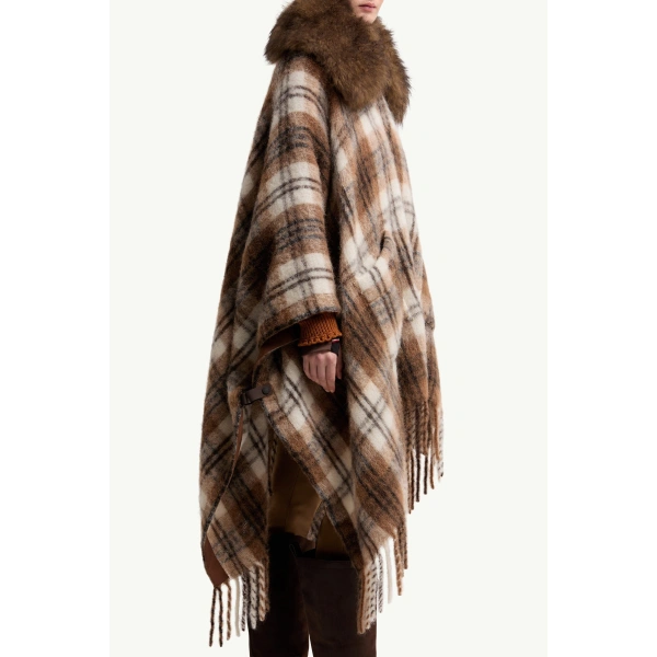 Moncler Shearling Collar Mohair, Alpaca & Wool Blend Cape in Brown & White, view 6 | Women's Cape Coats | Coveti