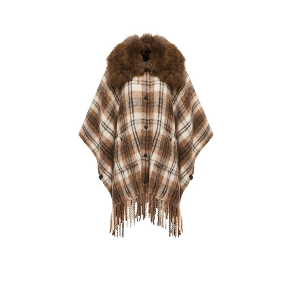 Shearling Collar Mohair, Alpaca & Wool Blend Cape in Brown & White