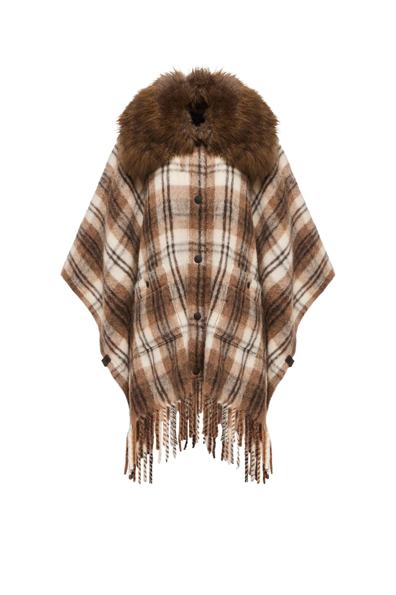 Moncler Shearling Collar Mohair, Alpaca & Wool Blend Cape in Brown & White Moncler Shearling Collar Mohair, Alpaca & Wool Blend Cape in Brown & White | Women's Cape Coats | Coveti
