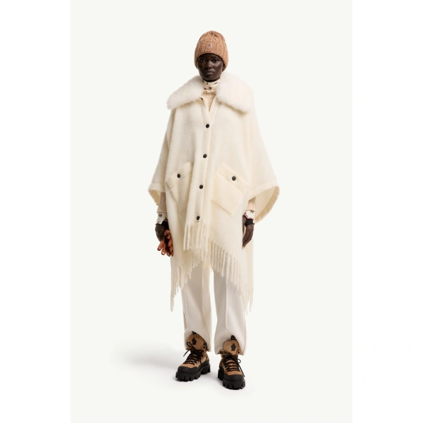 Moncler Shearling Collar Mohair, Alpaca & Wool Blend Cape in White Ivory, view 2 | Women's Cape Coats | Coveti