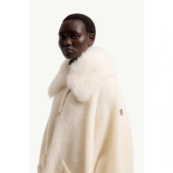 Moncler Shearling Collar Mohair, Alpaca & Wool Blend Cape in White Ivory, view 3 | Women's Cape Coats | Coveti