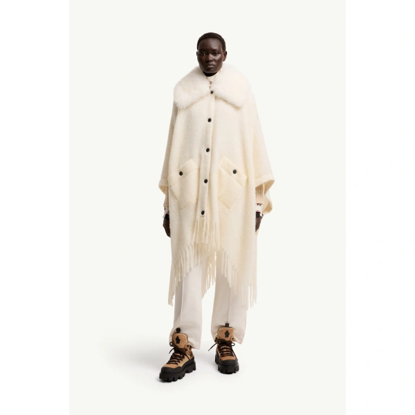 Moncler Shearling Collar Mohair, Alpaca & Wool Blend Cape in White Ivory, view 4 | Women's Cape Coats | Coveti