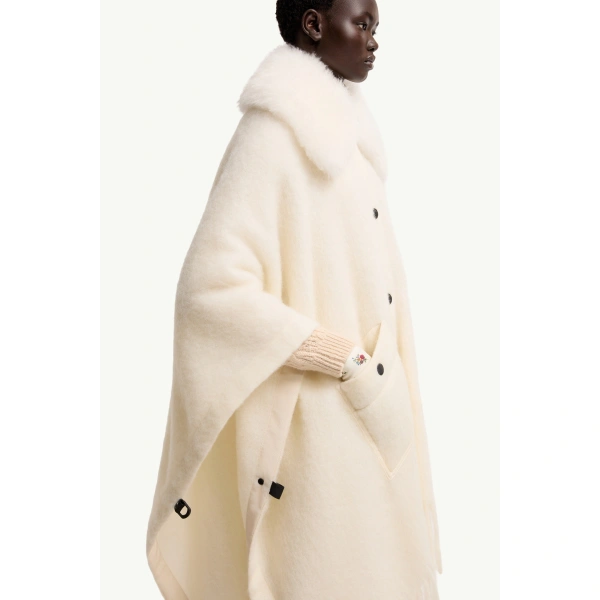 Moncler Shearling Collar Mohair, Alpaca & Wool Blend Cape in White Ivory, view 6 | Women's Cape Coats | Coveti