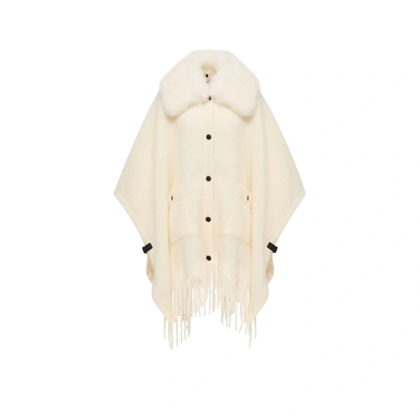 Shearling Collar Mohair, Alpaca & Wool Blend Cape in White Ivory