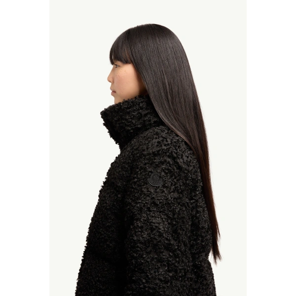 Moncler Sittelles Short Jacquard Fil Coupe Jacket in Black, view 3 | Women's Puffer Jackets | Coveti