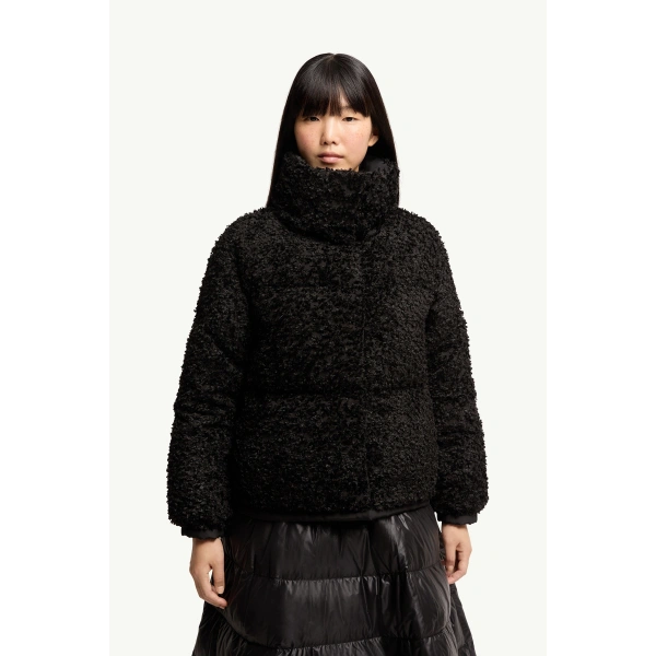 Moncler Sittelles Short Jacquard Fil Coupe Jacket in Black, view 4 | Women's Puffer Jackets | Coveti