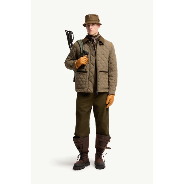 Moncler Soleil Corduroy and Loden Trimmed Down Shirt Jacket in Olive Green, view 2 | Men's Jackets | Coveti