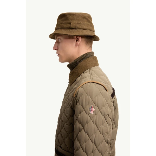 Moncler Soleil Corduroy and Loden Trimmed Down Shirt Jacket in Olive Green, view 3 | Men's Jackets | Coveti