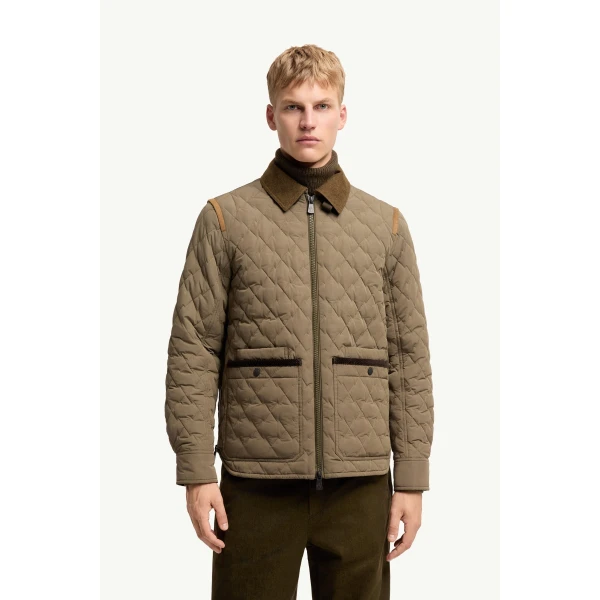 Moncler Soleil Corduroy and Loden Trimmed Down Shirt Jacket in Olive Green, view 4 | Men's Jackets | Coveti