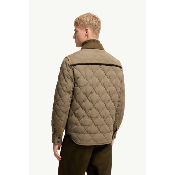 Moncler Soleil Corduroy and Loden Trimmed Down Shirt Jacket in Olive Green, view 5 | Men's Jackets | Coveti