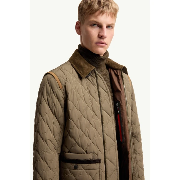 Moncler Soleil Corduroy and Loden Trimmed Down Shirt Jacket in Olive Green, view 6 | Men's Jackets | Coveti
