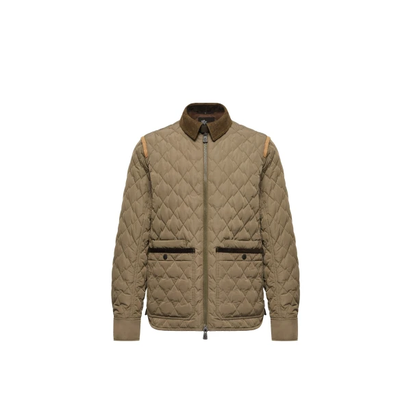 Moncler Soleil Corduroy and Loden Trimmed Down Shirt Jacket in Olive Green | Men's Jackets | Coveti