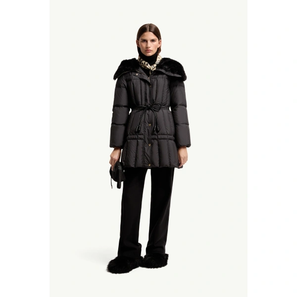 Moncler Solennel Shearling Trimmed Hooded Short Down Parka Jacket in Black, view 2 | Women's Puffer and Down Coats | Coveti