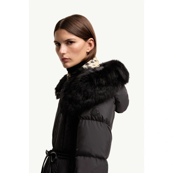 Moncler Solennel Shearling Trimmed Hooded Short Down Parka Jacket in Black, view 3 | Women's Puffer and Down Coats | Coveti