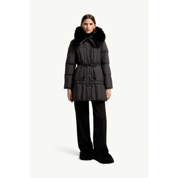 Moncler Solennel Shearling Trimmed Hooded Short Down Parka Jacket in Black, view 4 | Women's Puffer and Down Coats | Coveti
