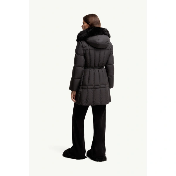 Moncler Solennel Shearling Trimmed Hooded Short Down Parka Jacket in Black, view 5 | Women's Puffer and Down Coats | Coveti