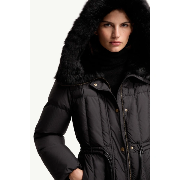Moncler Solennel Shearling Trimmed Hooded Short Down Parka Jacket in Black, view 6 | Women's Puffer and Down Coats | Coveti