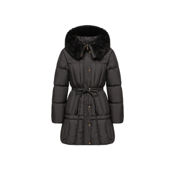 Solennel Shearling Trimmed Hooded Short Down Parka Jacket in Black