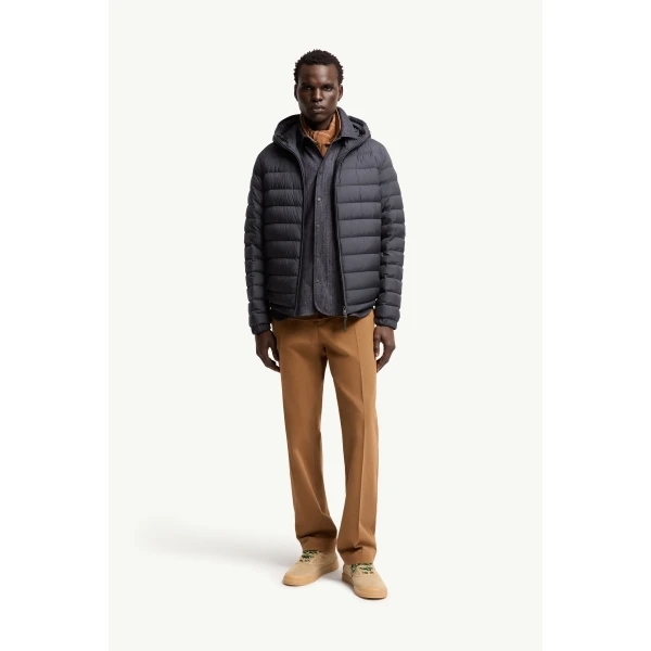 Moncler Solienn Hooded Short Down Jacket in Dark Blue, view 2 | Men's Jackets | Coveti