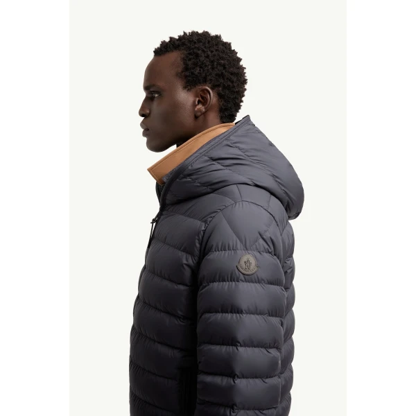 Moncler Solienn Hooded Short Down Jacket in Dark Blue, view 3 | Men's Jackets | Coveti